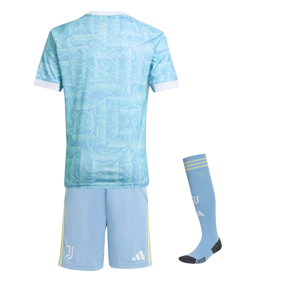 Kids Juventus Away Jersey Full Kit 2025/26 (back view)