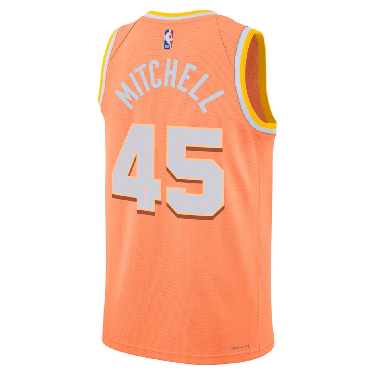Unisex Cleveland Cavaliers Donovan Mitchell #45 Orange Swingman Jersey 2025/26 - City Edition (back view)
