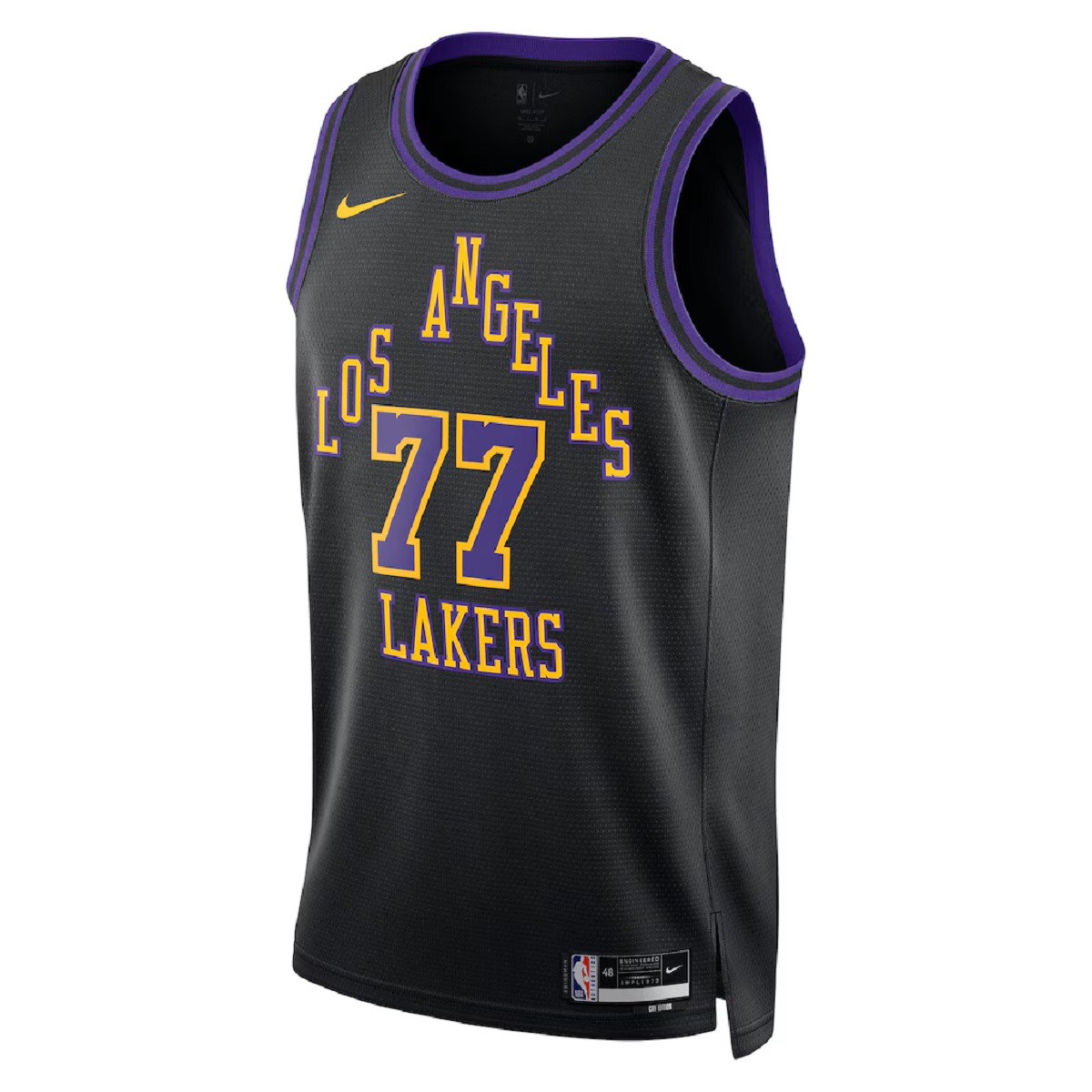 Unisex Los Angeles Lakers Luka Dončić #77 Black Swingman Jersey 2025/26 - City Edition (back view)