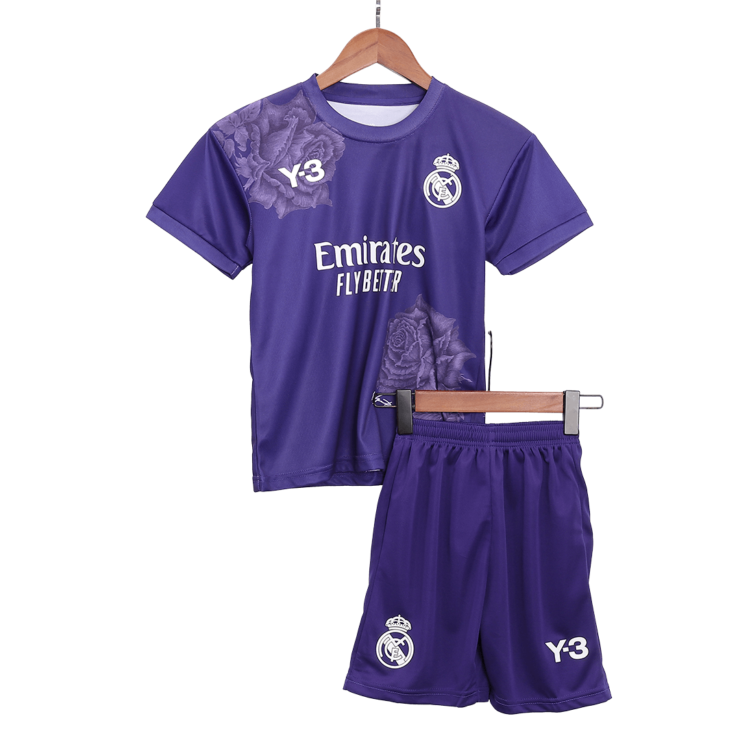 Kids Real Madrid Y-3 Fourth Jersey Kit Purple 2023/24 (back view)